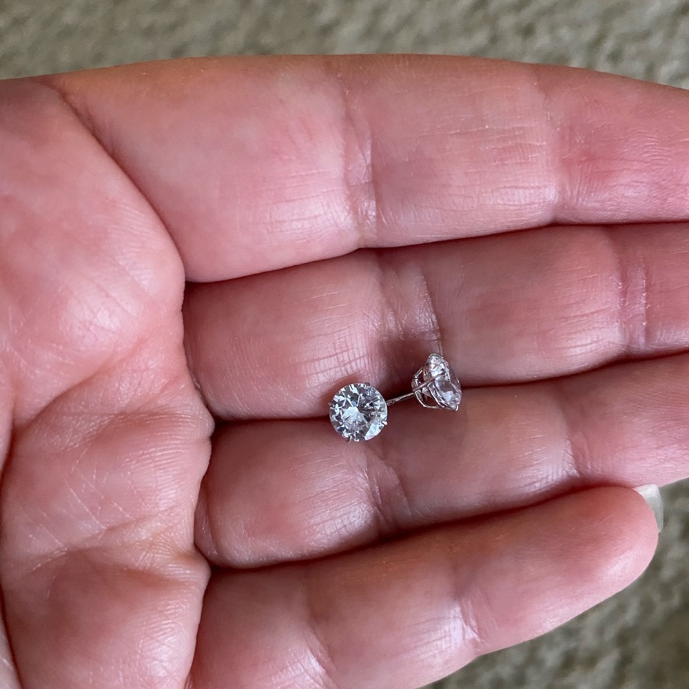 14K WHITE GOLD ROUND SIMULATED DIAMOND EARRINGS - Picture 6 of 8